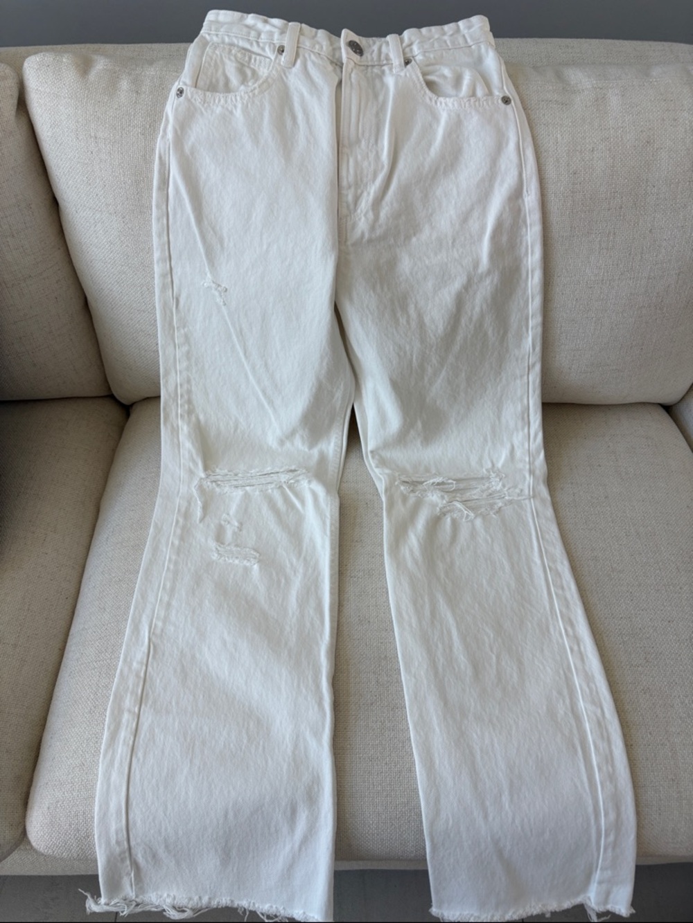 Zara White Distressed Straight-Leg Jeans
